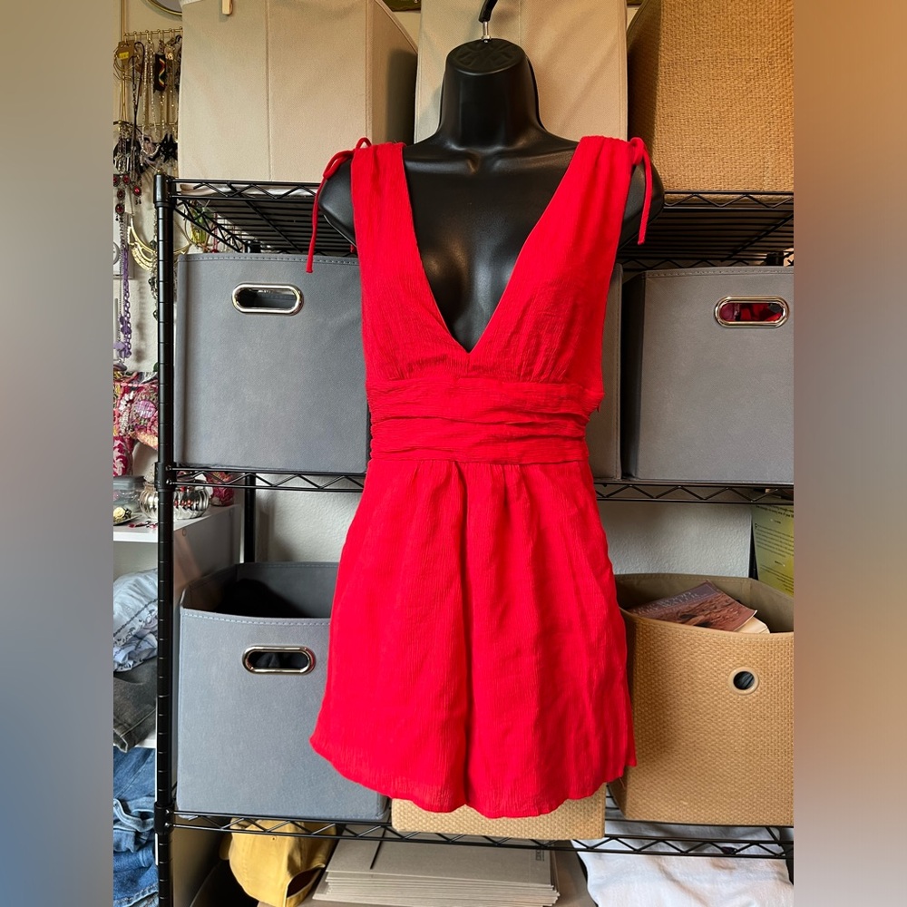 one clothing Bright Red V-Neck romper with Tie Straps